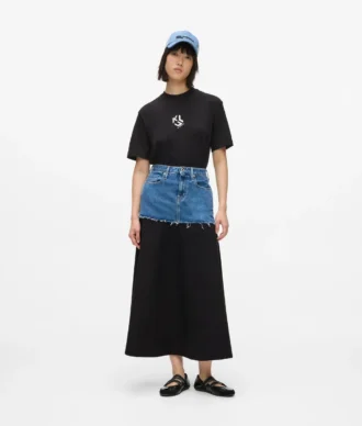 Falda larga con paneles de denim