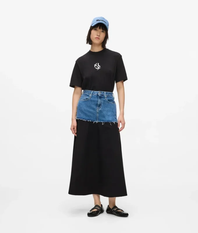 Falda larga con paneles de denim