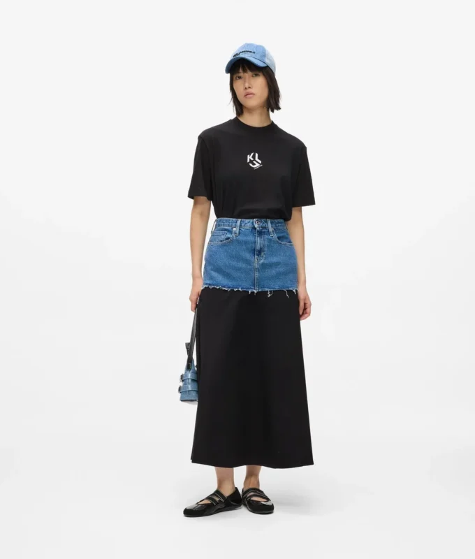 Falda larga con paneles de denim