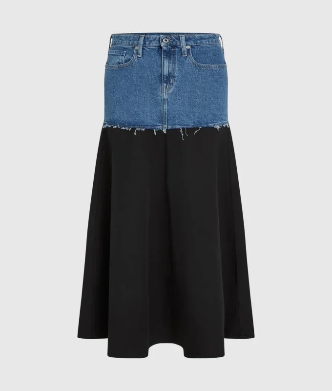 Falda larga con paneles de denim