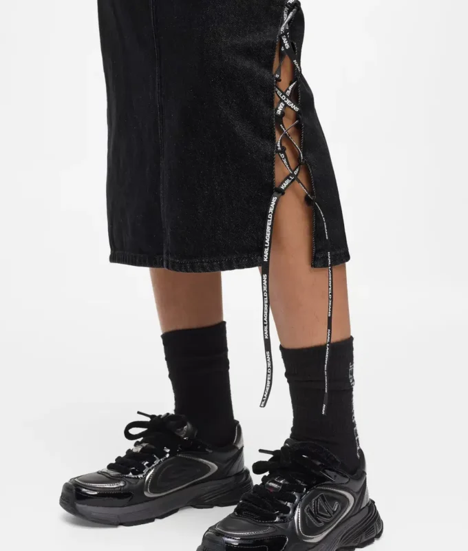 Falda midi de denim con cordones