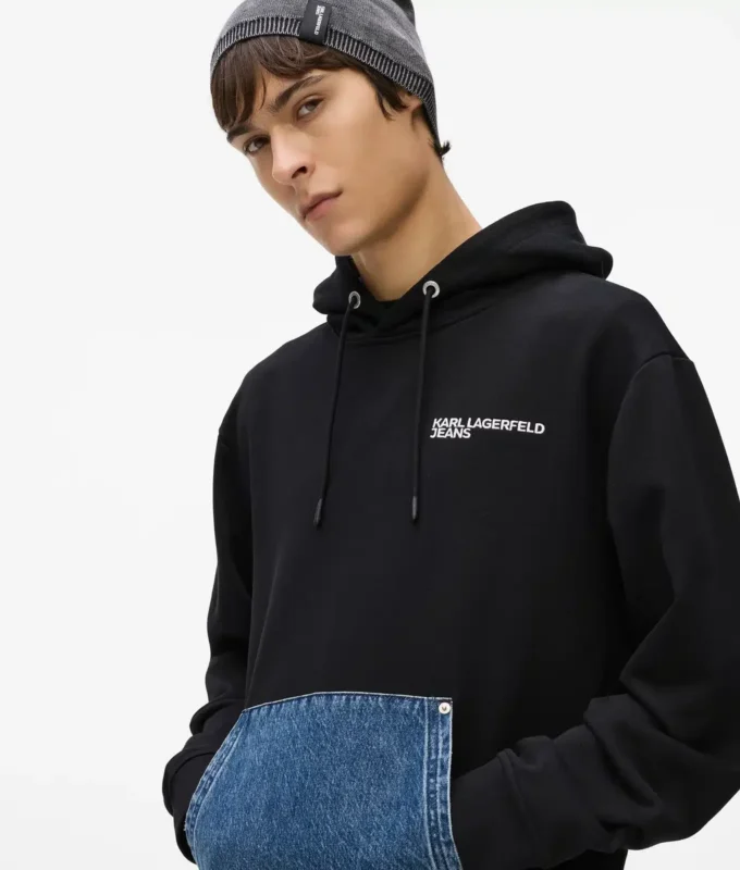Sudadera con capucha y bolsillo de denim