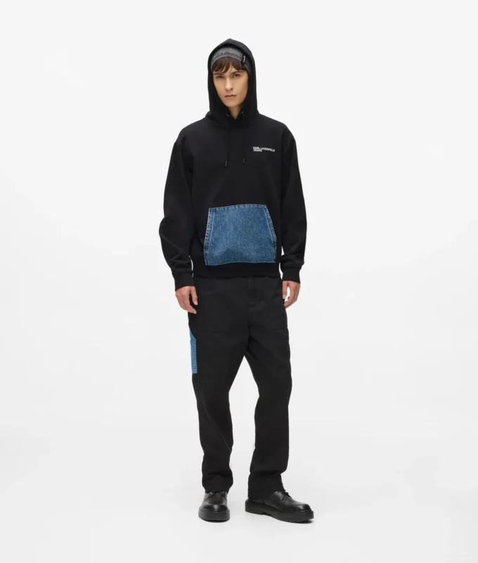Sudadera con capucha y bolsillo de denim