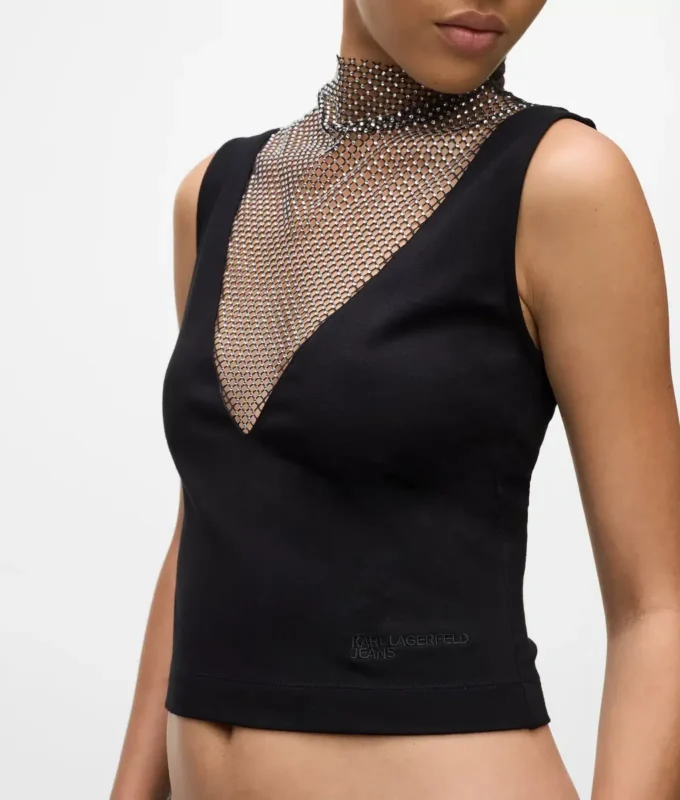 Top con cuello en V y malla con pedrería